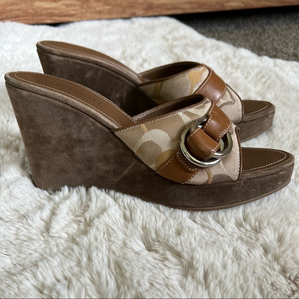 Meredith Coach Wedges with Buckle Brown Silver Leather Strap